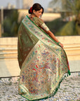 Mehendi Green (Red Tone) Soft Paithani Silk with Silver Zari Woven Saree