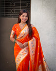 Orange Soft Paithani Silk with Silver Zari Woven Saree