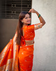 Orange Soft Paithani Silk with Silver Zari Woven Saree
