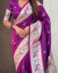 Purple Soft Paithani Silk with Silver Zari Woven Saree