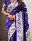 Violet Soft Paithani Silk with Silver Zari Woven Saree