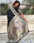 Black Soft Paithani Silk with Silver Zari Woven Saree