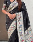 Black Soft Paithani Silk with Silver Zari Woven Saree