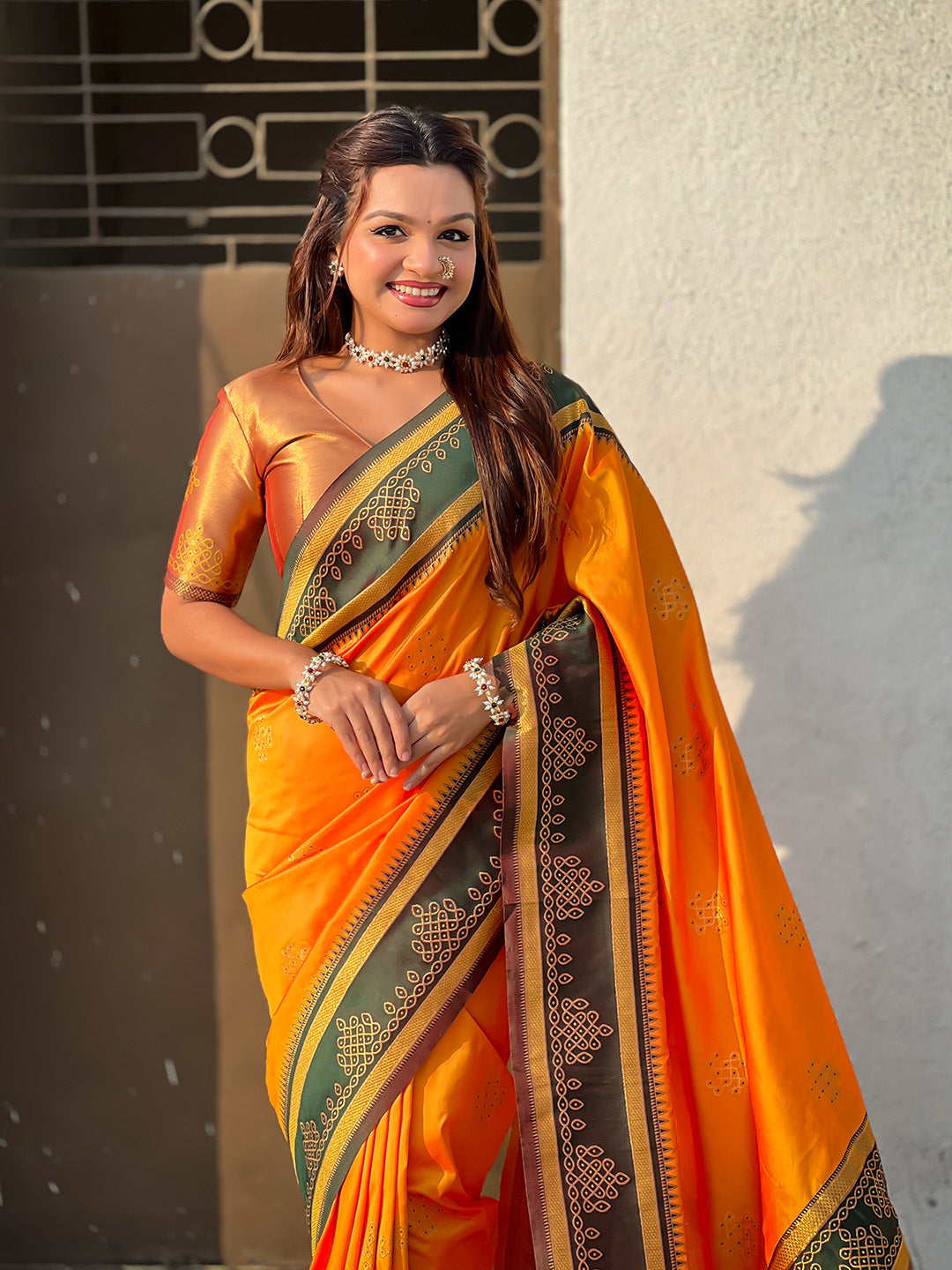 Orange Soft Traditional Kolam Art Concept Zari Woven Silk Saree