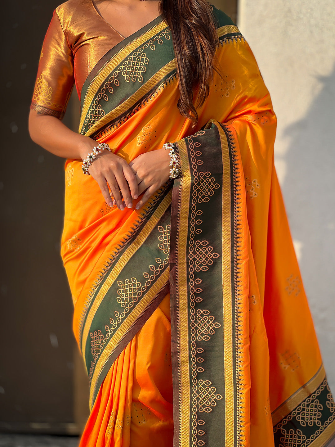 Orange Soft Traditional Kolam Art Concept Zari Woven Silk Saree