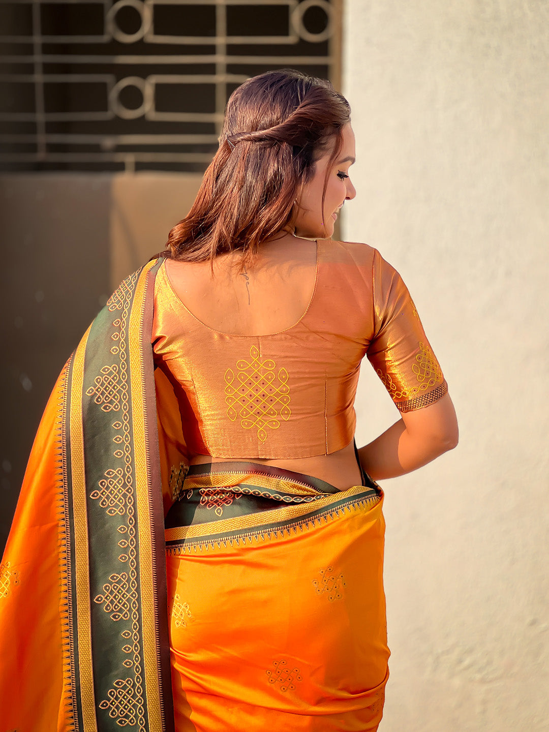 Orange Soft Traditional Kolam Art Concept Zari Woven Silk Saree