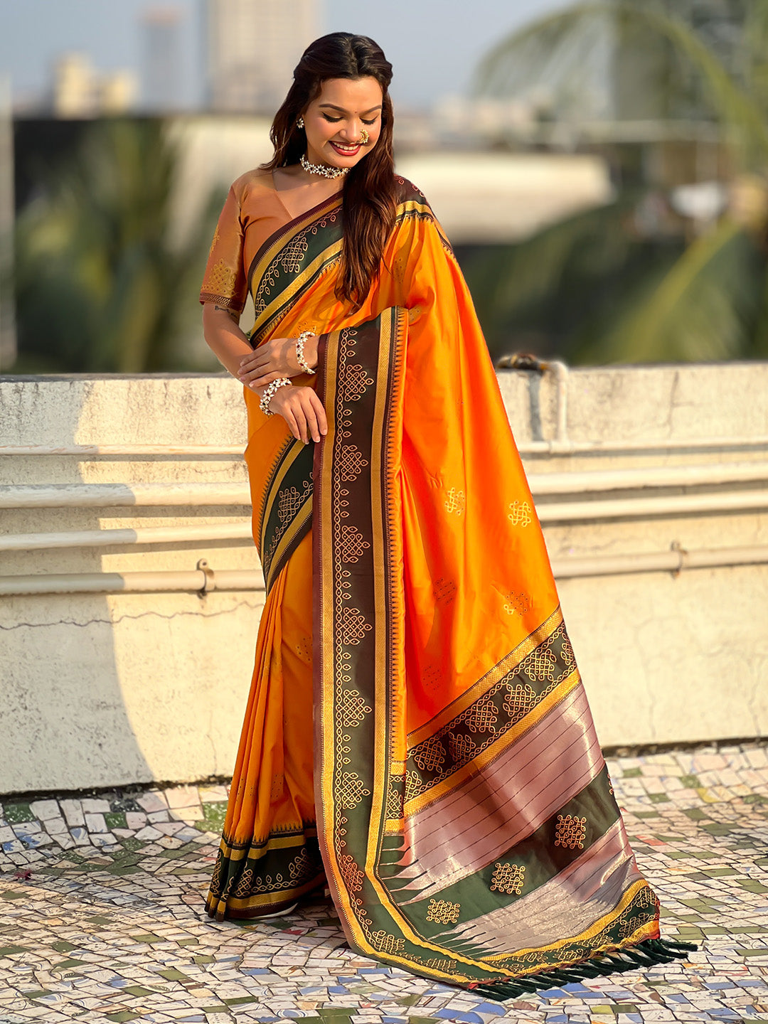 Orange Soft Traditional Kolam Art Concept Zari Woven Silk Saree