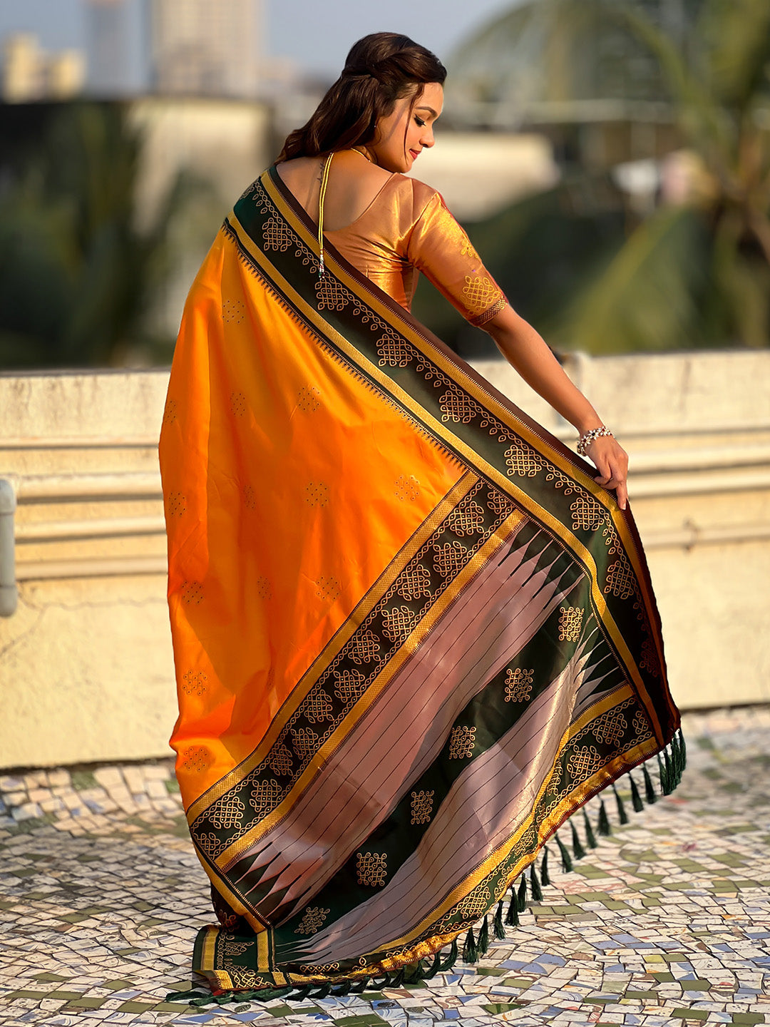 Orange Soft Traditional Kolam Art Concept Zari Woven Silk Saree