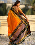 Orange Soft Traditional Kolam Art Concept Zari Woven Silk Saree