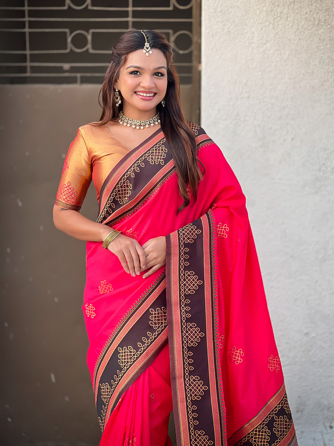 Rani Pink Soft Traditional Kolam Art Concept Zari Woven Silk Saree