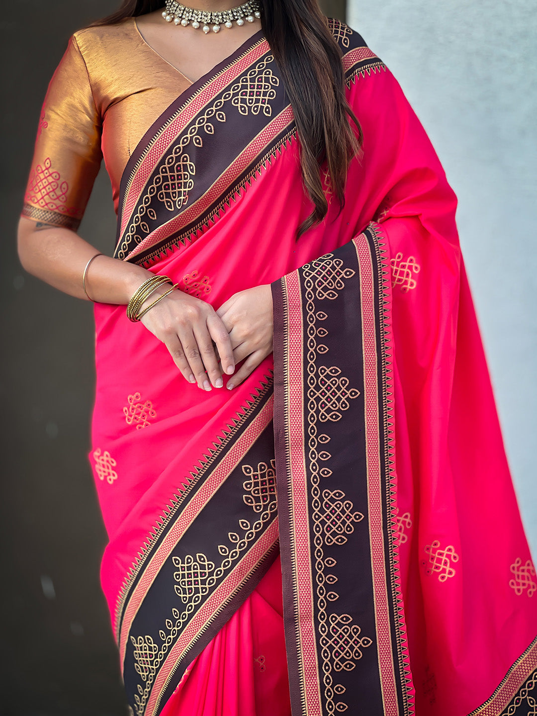 Rani Pink Soft Traditional Kolam Art Concept Zari Woven Silk Saree