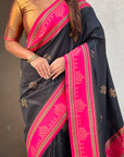 Black Soft Traditional Kolam Art Concept Zari Woven Silk Saree