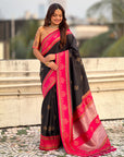 Black Soft Traditional Kolam Art Concept Zari Woven Silk Saree