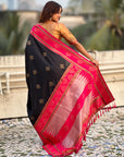 Black Soft Traditional Kolam Art Concept Zari Woven Silk Saree