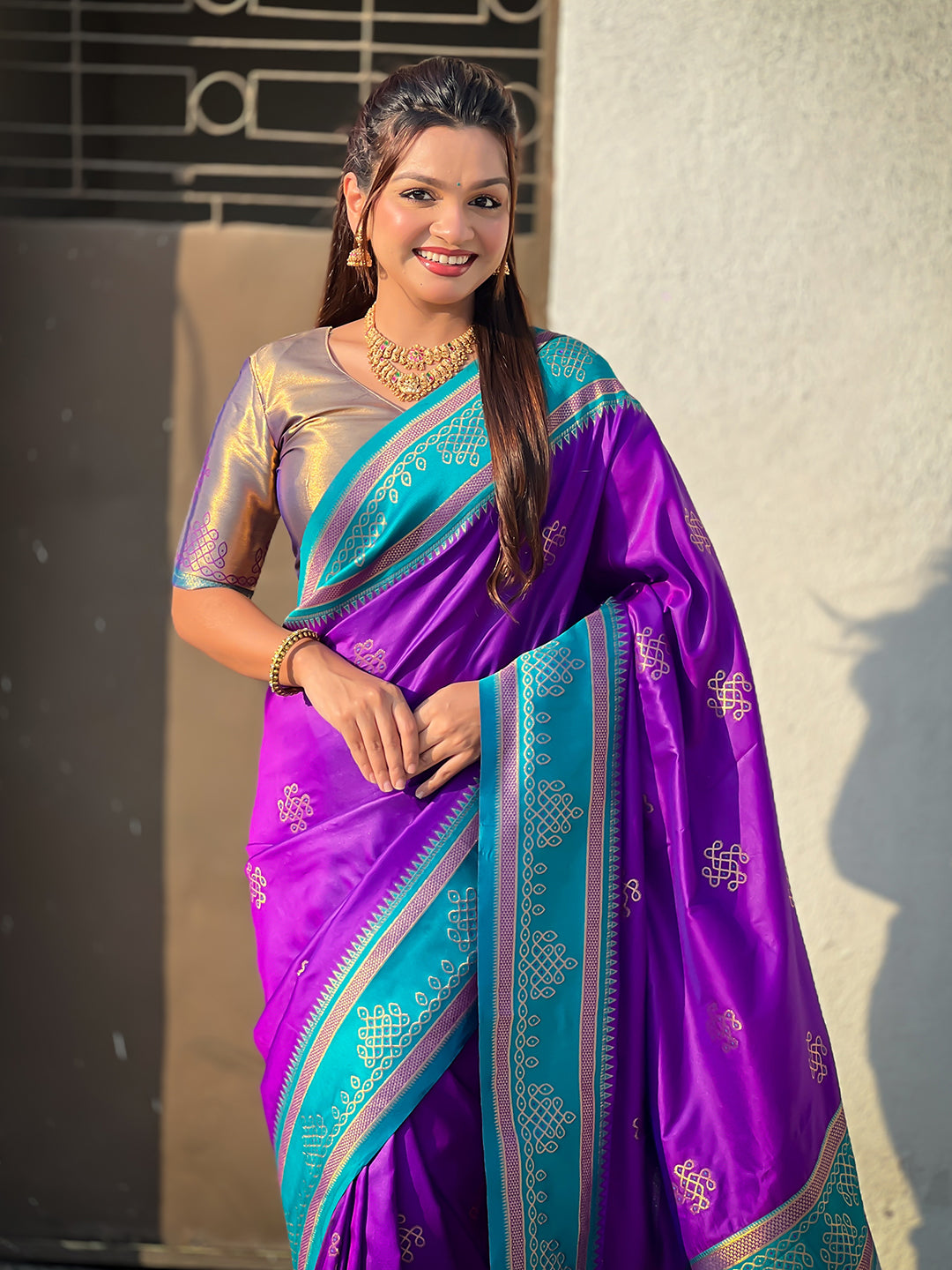 Purple Soft Traditional Kolam Art Concept Zari Woven Silk Saree