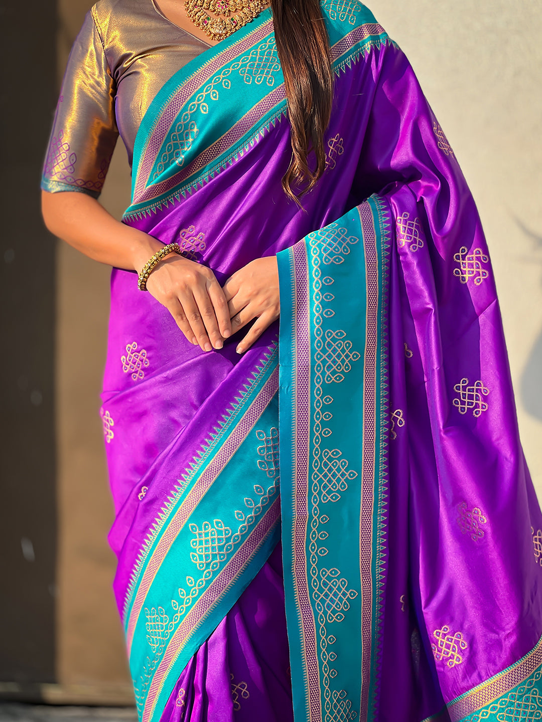 Purple Soft Traditional Kolam Art Concept Zari Woven Silk Saree
