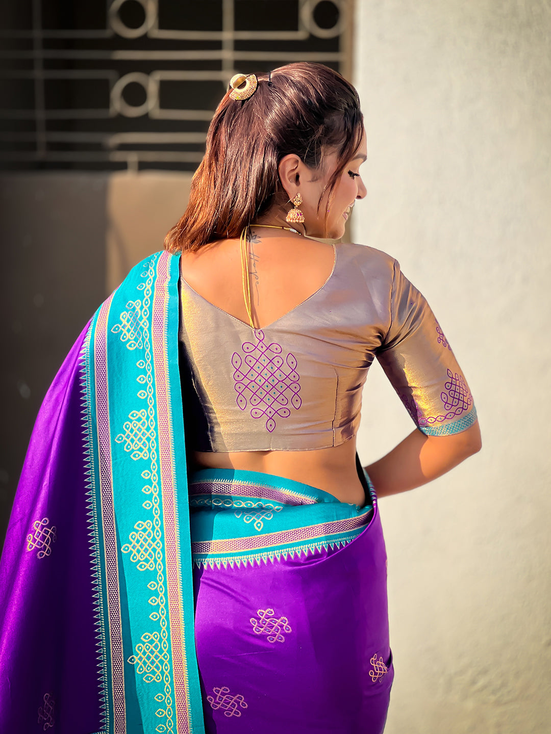 Purple Soft Traditional Kolam Art Concept Zari Woven Silk Saree
