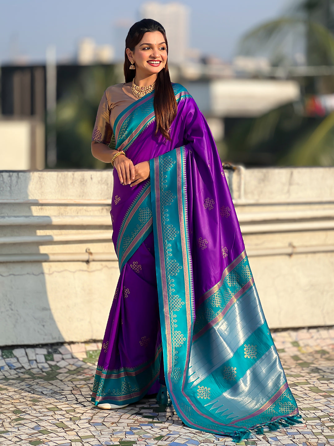 Purple Soft Traditional Kolam Art Concept Zari Woven Silk Saree