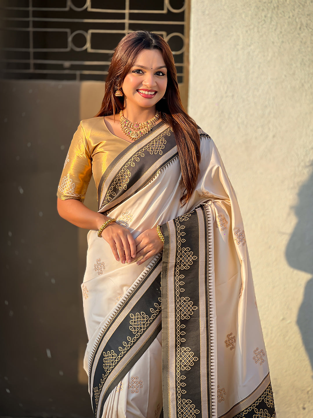 Cream &amp; Black Soft Traditional Kolam Art Concept Zari Woven Silk Saree