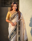 Cream & Black Soft Traditional Kolam Art Concept Zari Woven Silk Saree