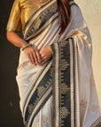 Cream & Black Soft Traditional Kolam Art Concept Zari Woven Silk Saree