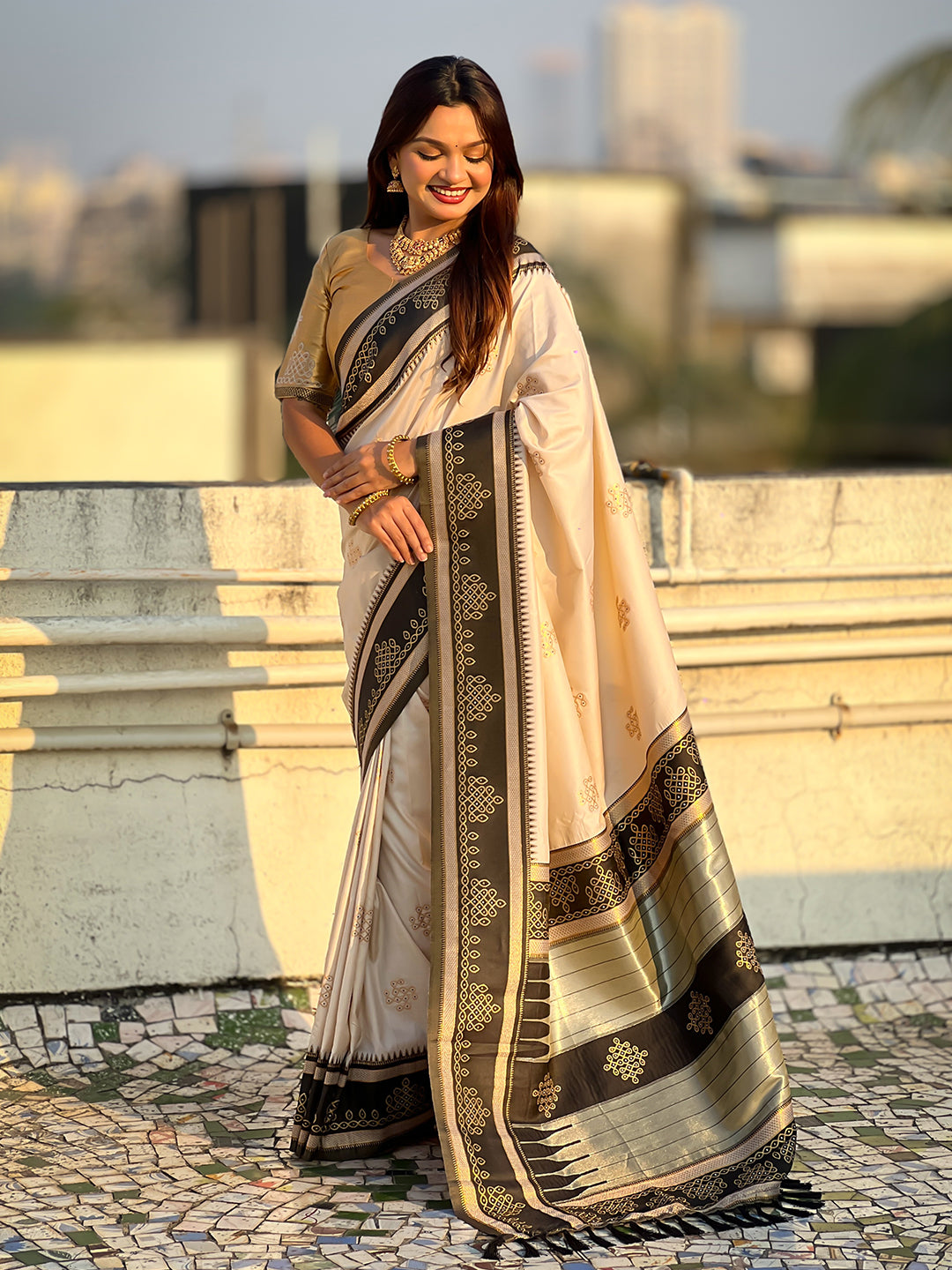 Cream &amp; Black Soft Traditional Kolam Art Concept Zari Woven Silk Saree