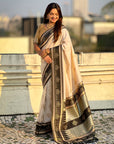 Cream & Black Soft Traditional Kolam Art Concept Zari Woven Silk Saree