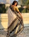 Cream & Black Soft Traditional Kolam Art Concept Zari Woven Silk Saree