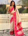 Cream & Pink Soft Traditional Kolam Art Concept Zari Woven Silk Saree