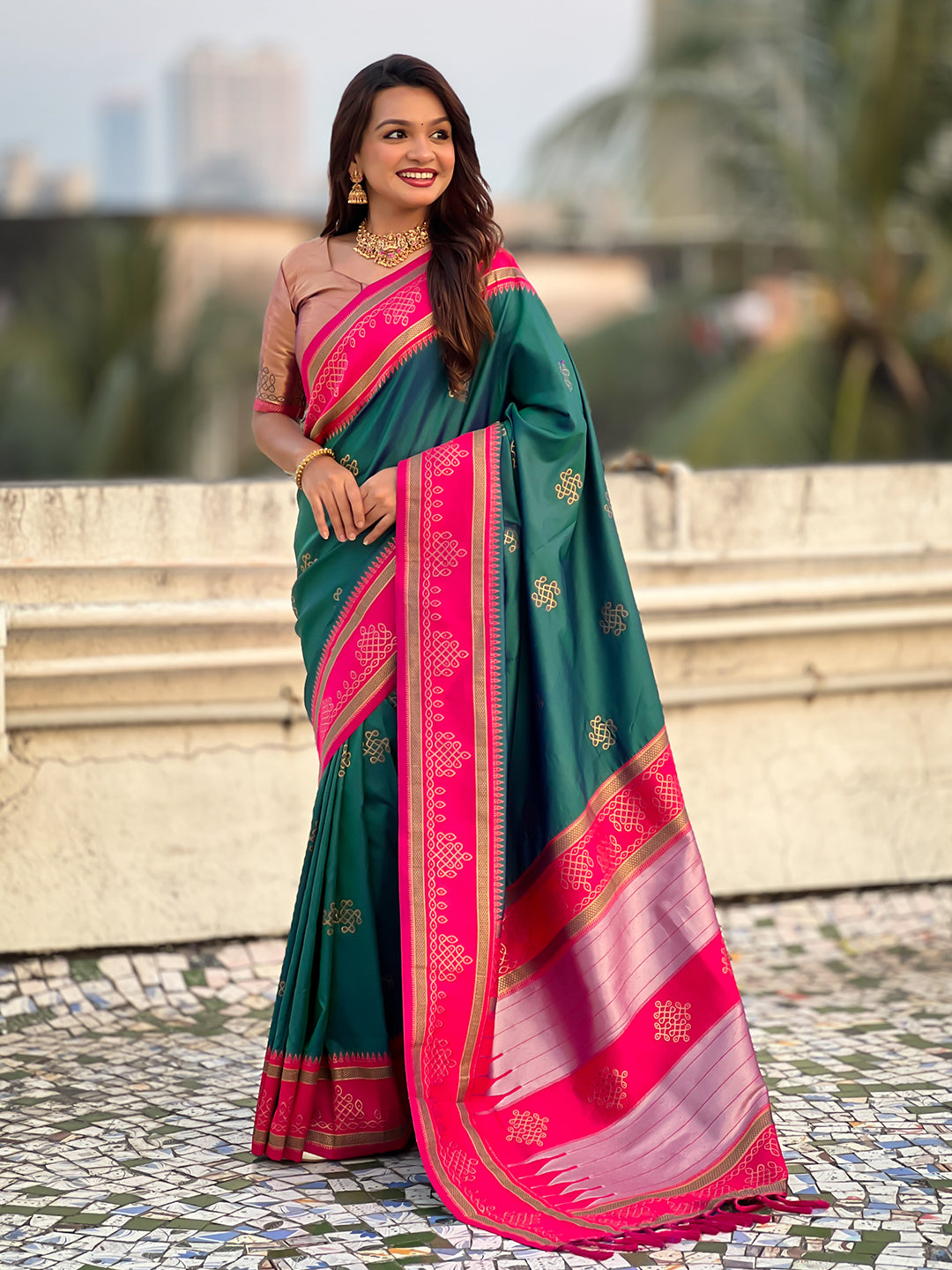 Peacock Blue Soft Traditional Kolam Art Concept Zari Woven Silk Saree