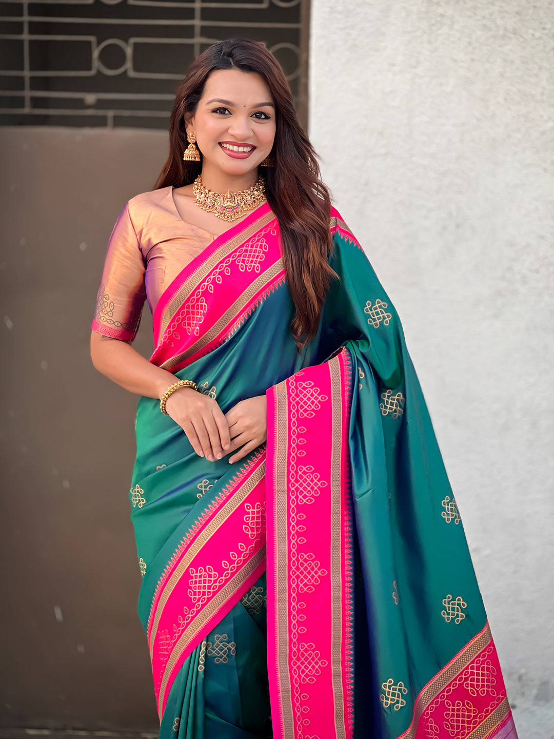 Peacock Blue Soft Traditional Kolam Art Concept Zari Woven Silk Saree