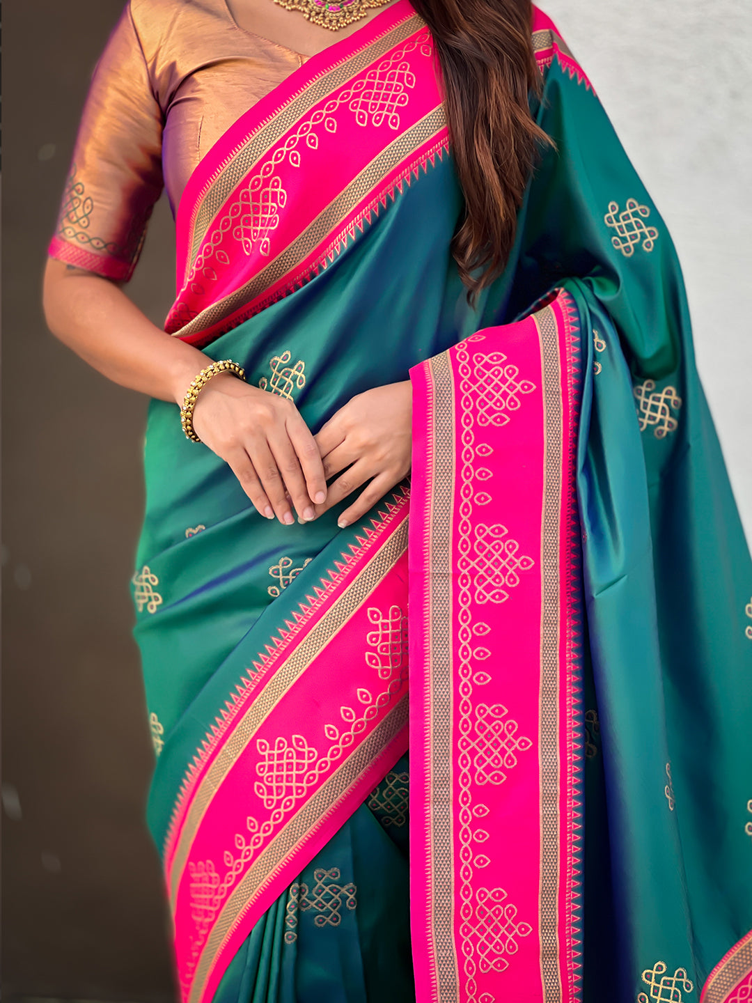 Peacock Blue Soft Traditional Kolam Art Concept Zari Woven Silk Saree