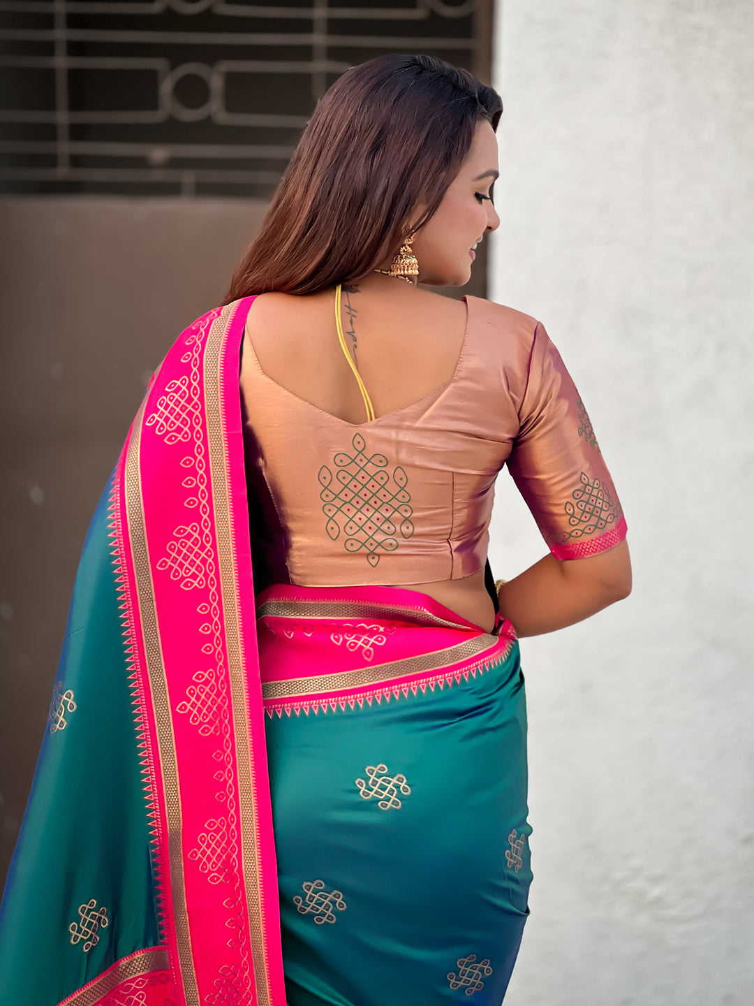 Peacock Blue Soft Traditional Kolam Art Concept Zari Woven Silk Saree