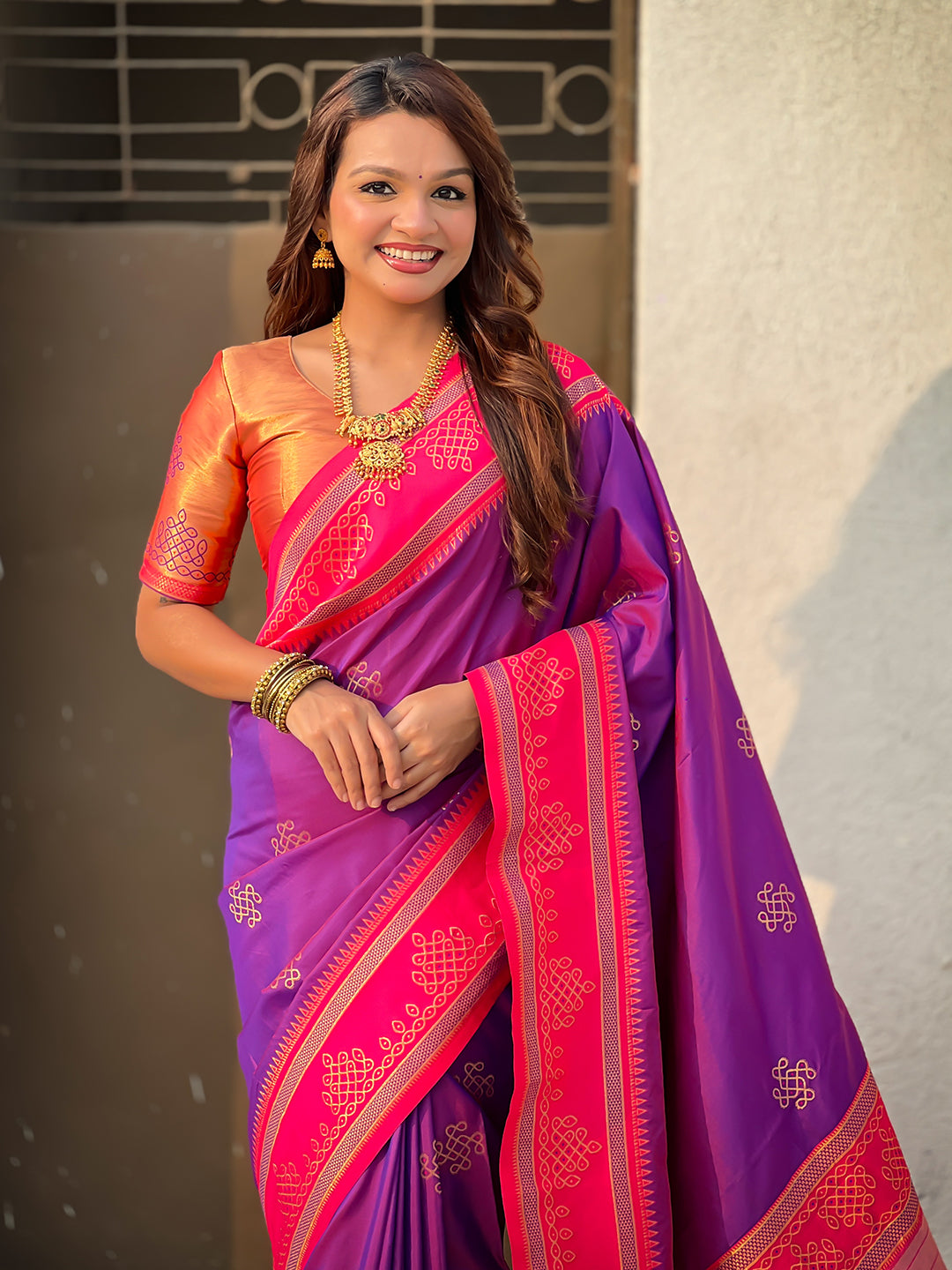 Purple (Red Tone) Soft Traditional Kolam Art Concept Zari Woven Silk Saree