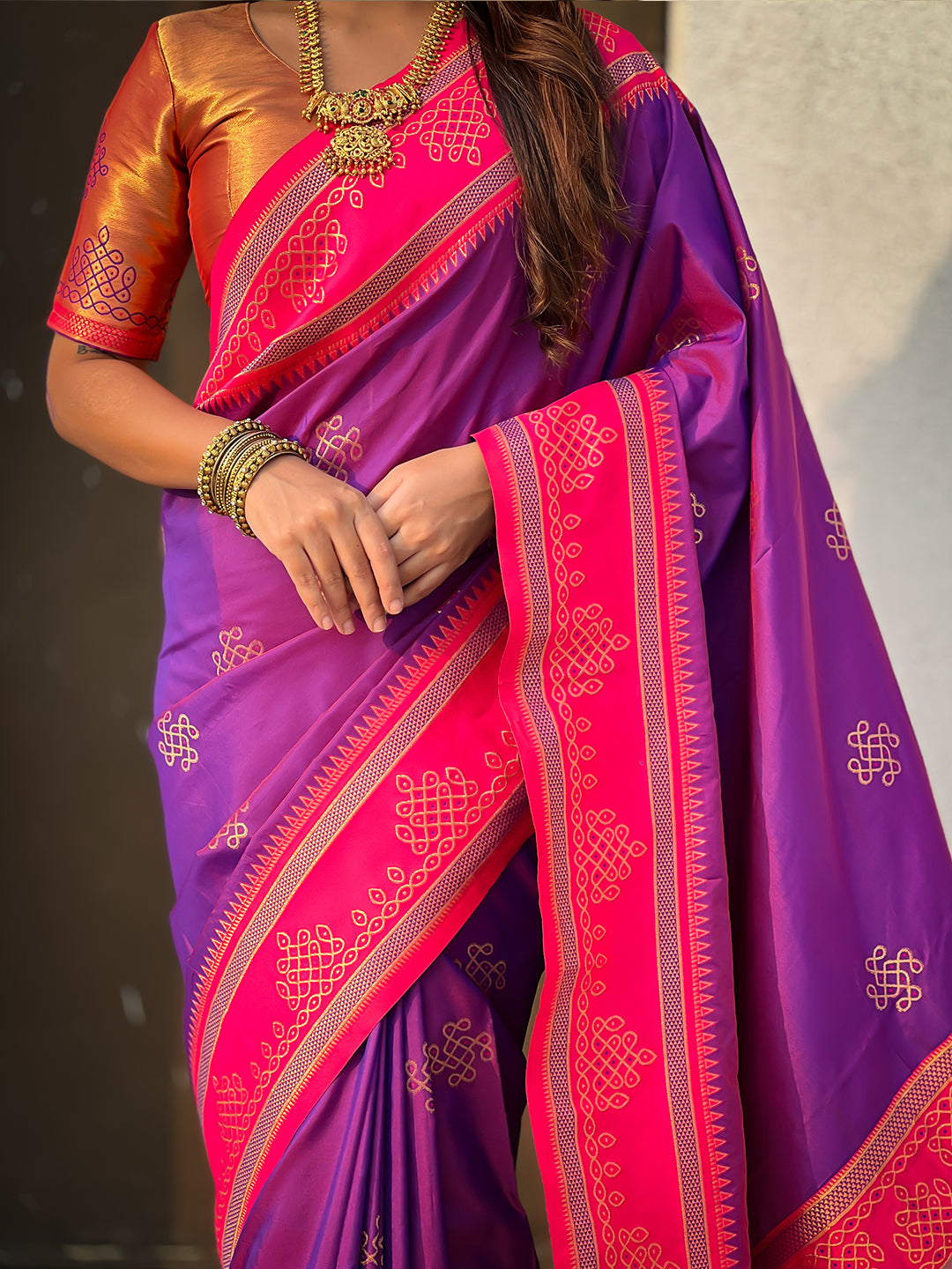 Purple (Red Tone) Soft Traditional Kolam Art Concept Zari Woven Silk Saree