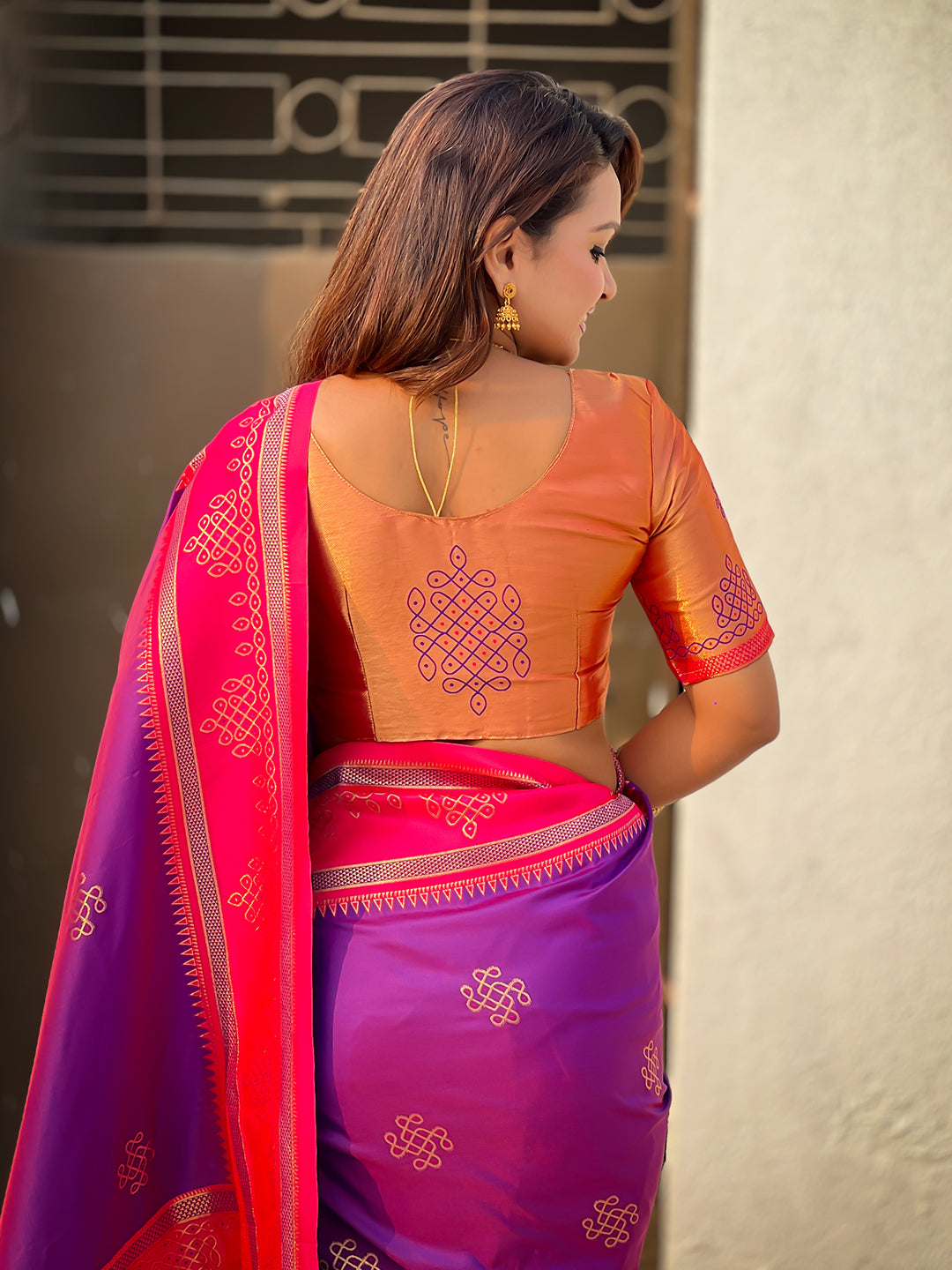 Purple (Red Tone) Soft Traditional Kolam Art Concept Zari Woven Silk Saree