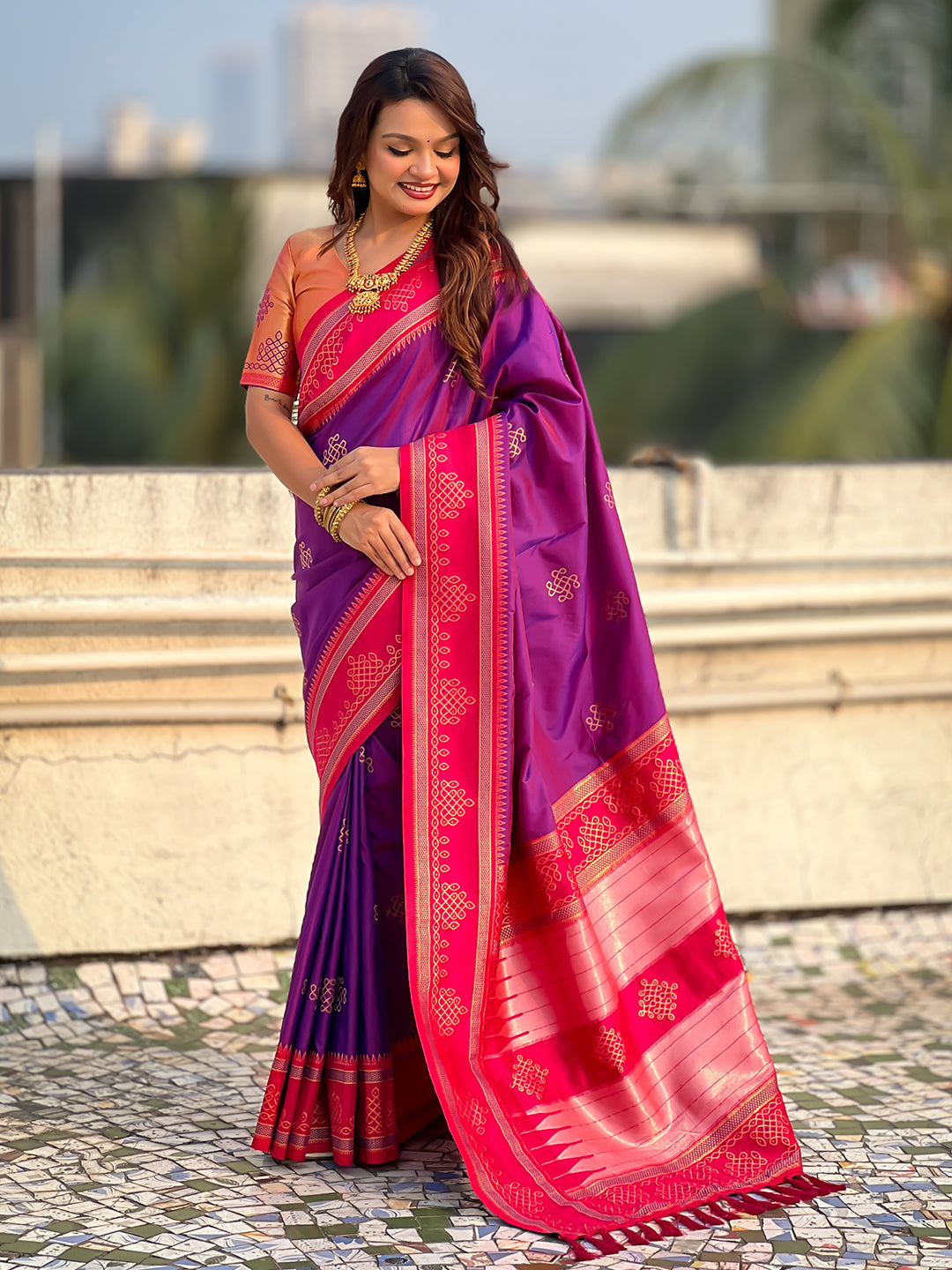 Purple (Red Tone) Soft Traditional Kolam Art Concept Zari Woven Silk Saree