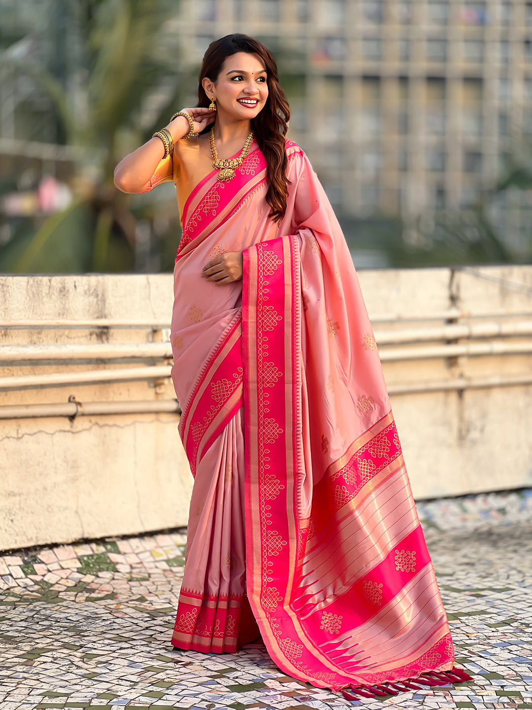 Light Pink Soft Traditional Kolam Art Concept Zari Woven Silk Saree