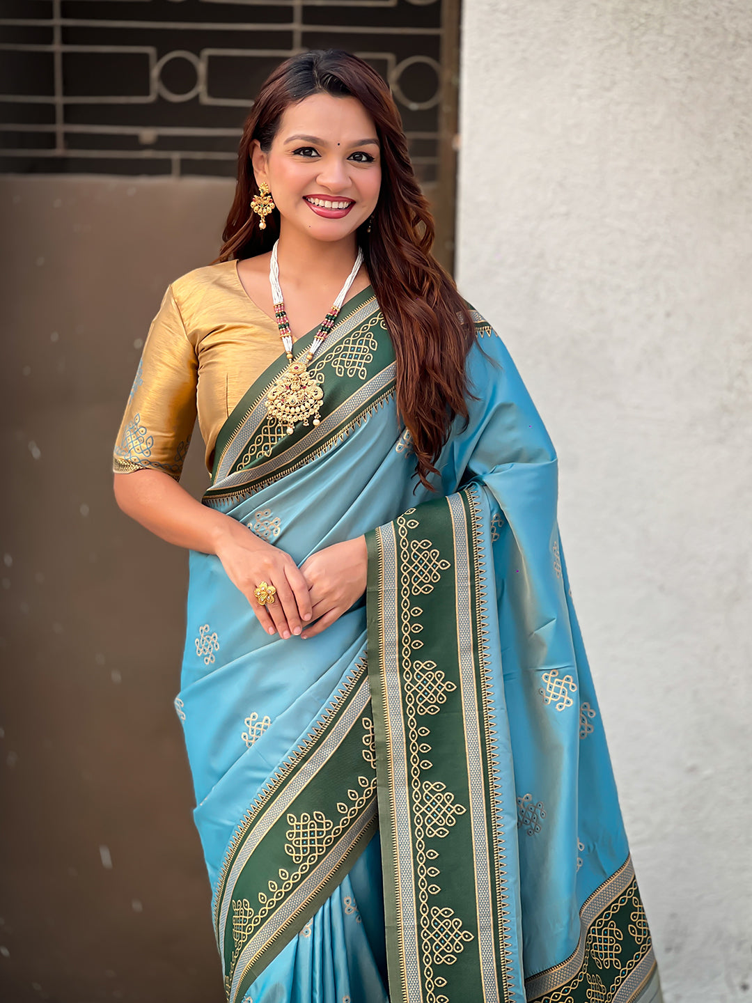 Sky Blue Soft Traditional Kolam Art Concept Zari Woven Silk Saree