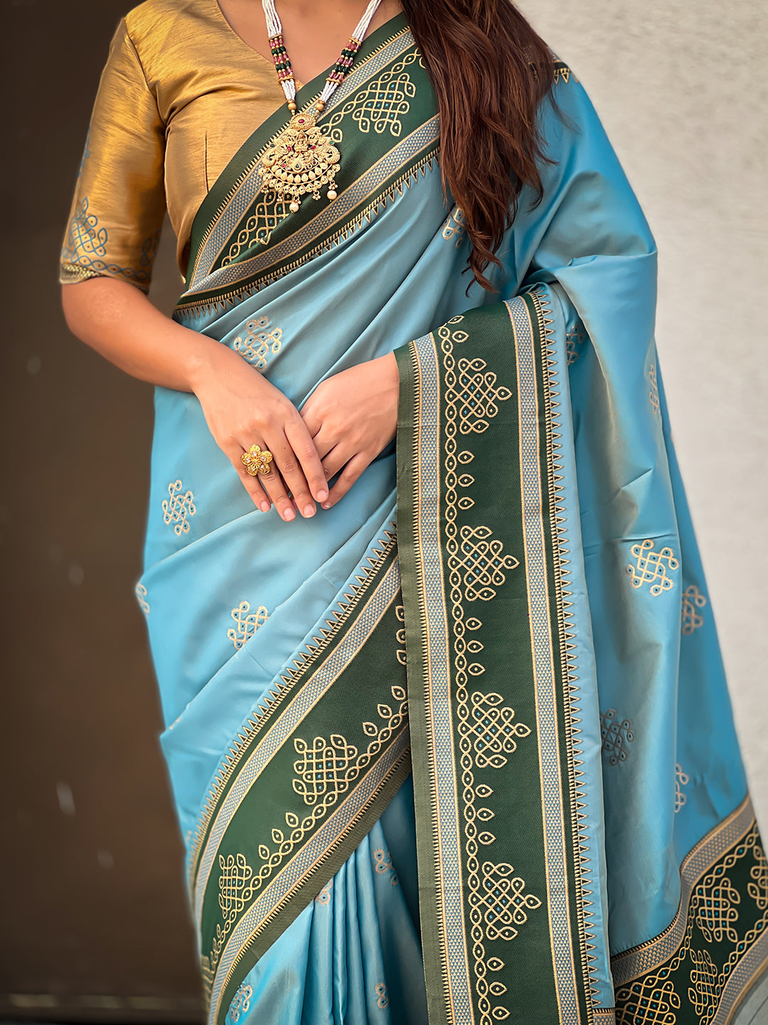 Sky Blue Soft Traditional Kolam Art Concept Zari Woven Silk Saree