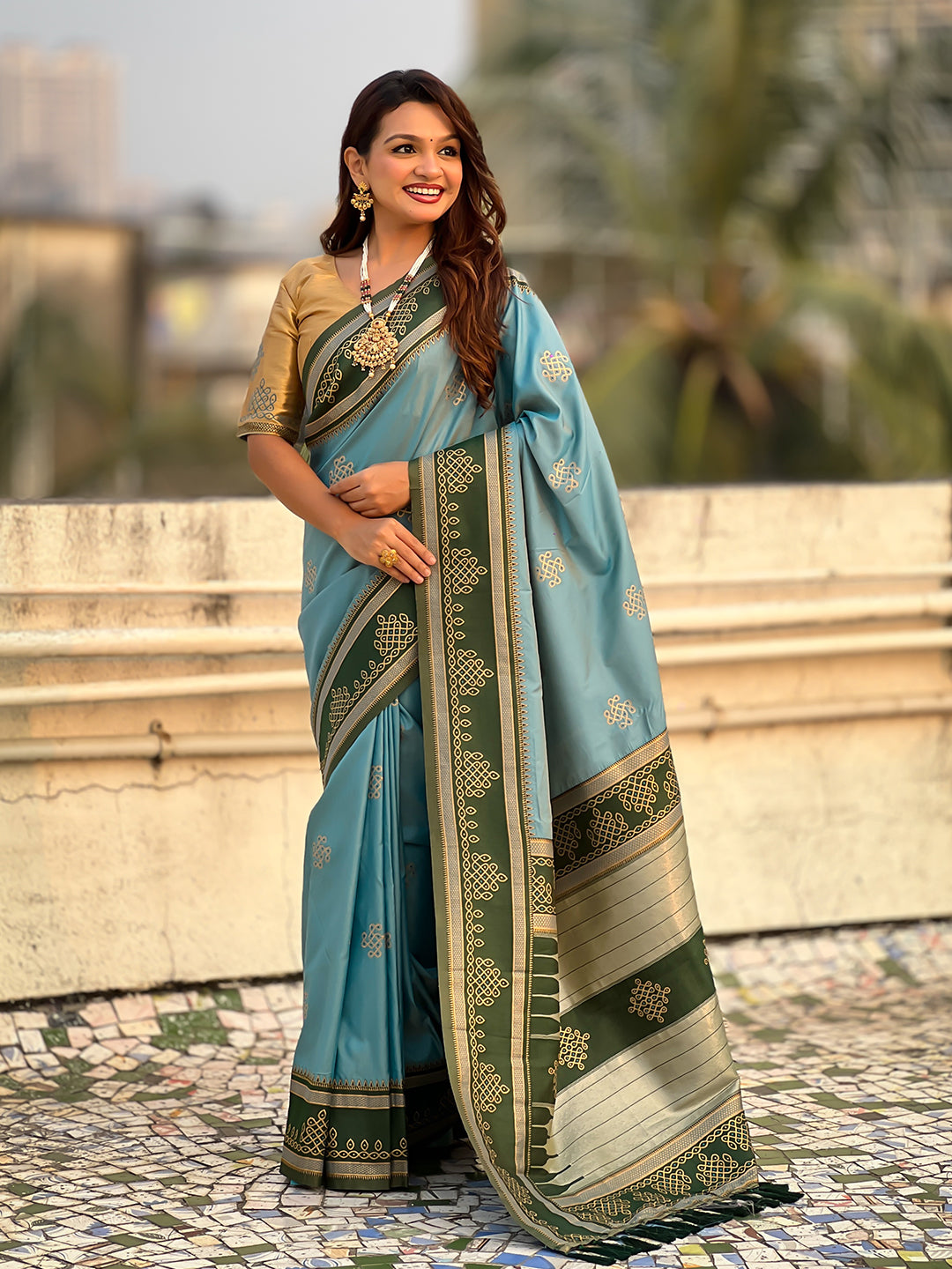Sky Blue Soft Traditional Kolam Art Concept Zari Woven Silk Saree