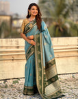 Sky Blue Soft Traditional Kolam Art Concept Zari Woven Silk Saree