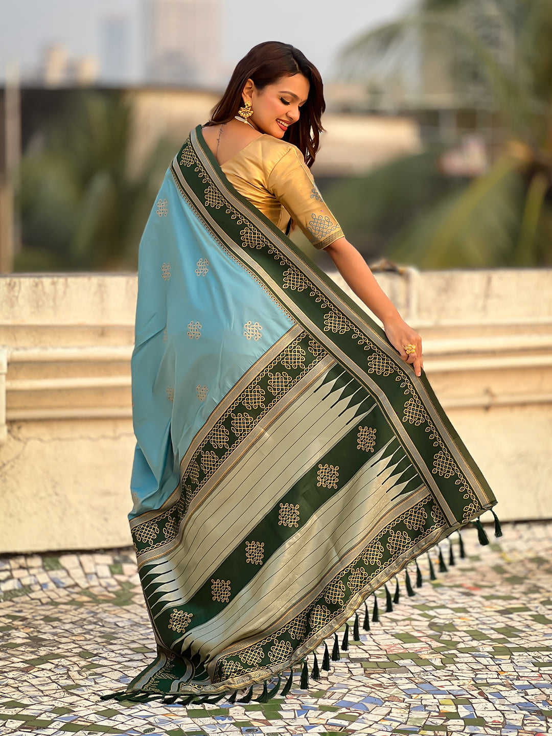 Sky Blue Soft Traditional Kolam Art Concept Zari Woven Silk Saree