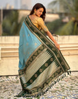Sky Blue Soft Traditional Kolam Art Concept Zari Woven Silk Saree