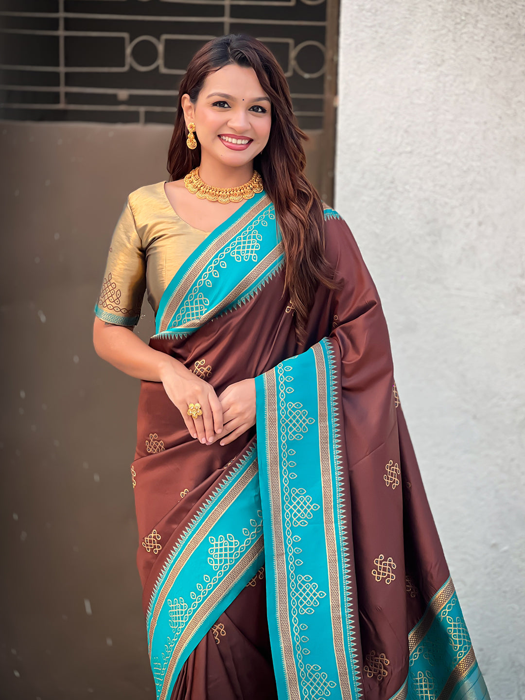 Coffee Soft Traditional Kolam Art Concept Zari Woven Silk Saree