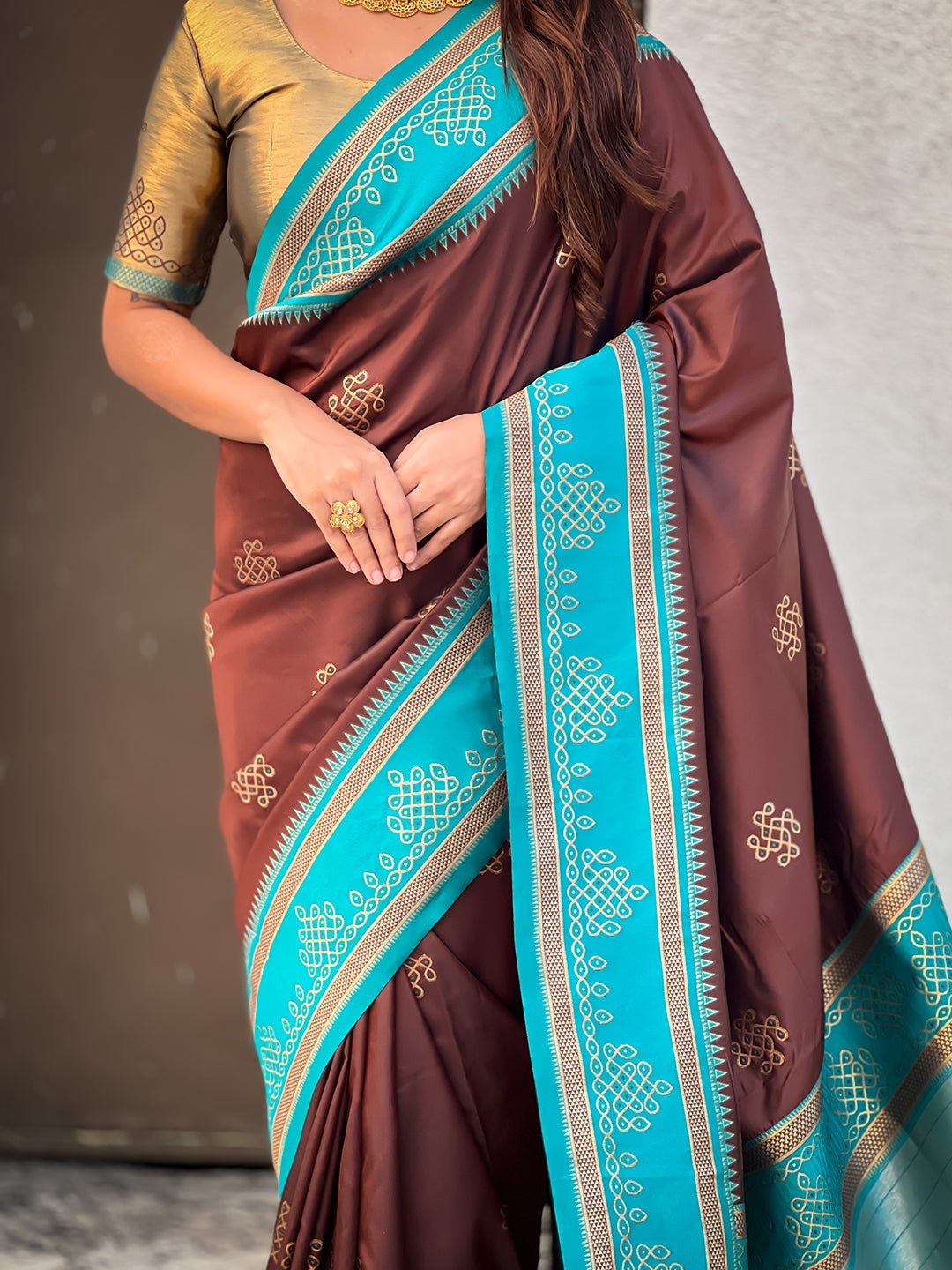 Coffee Soft Traditional Kolam Art Concept Zari Woven Silk Saree
