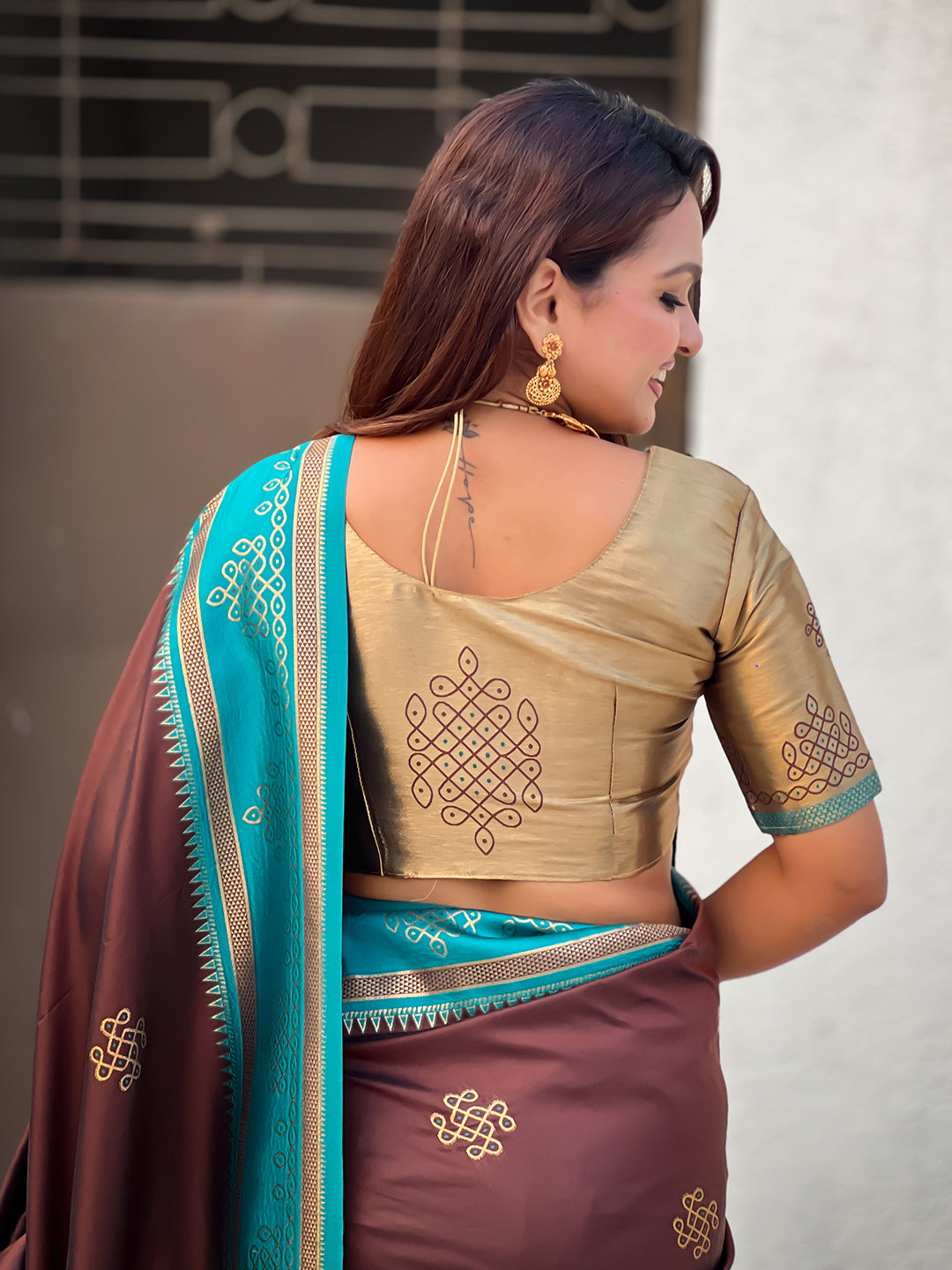 Coffee Soft Traditional Kolam Art Concept Zari Woven Silk Saree