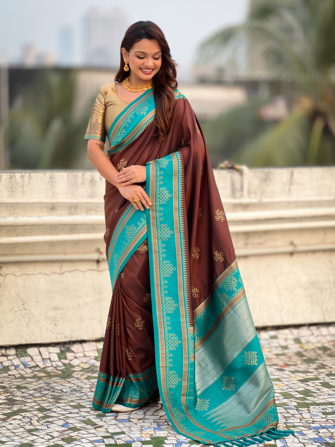 Coffee Soft Traditional Kolam Art Concept Zari Woven Silk Saree