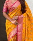 Mustard Yellow Soft Ikkat Patola Zari Woven Silk Saree