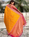 Mustard Yellow Soft Ikkat Patola Zari Woven Silk Saree